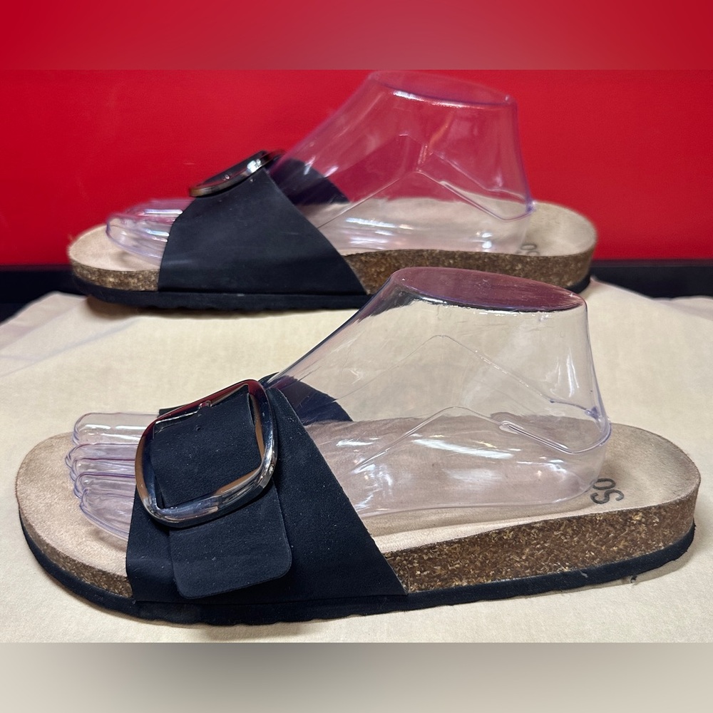 SO Brand Slip On Cork Bed Sandals Black Faux Suede Adj Buckle Women’s Size Large - Picture 3 of 13